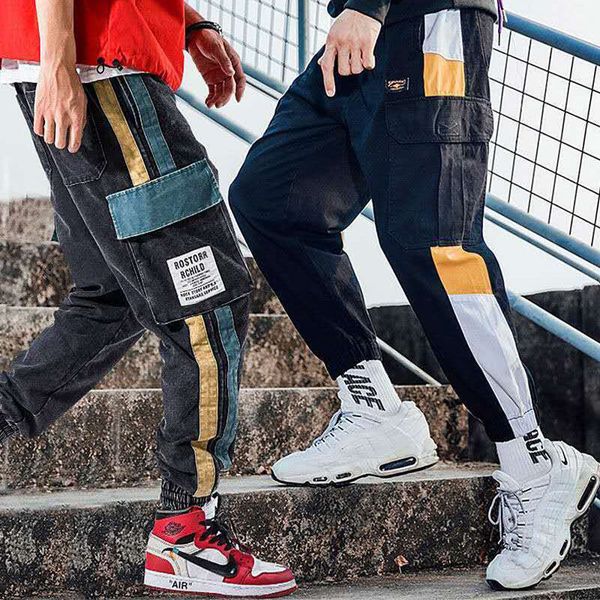 

cargo pants men vintage hip hop streetwear patchwork joggers harem pocket elastic waist loose ankle length trousers techwear, Black