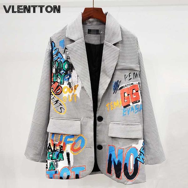 

2020 spring vintage plaid graffiti blazer jacket women chic pockets korean loose suit coat female outwear blazers feminino, White;black