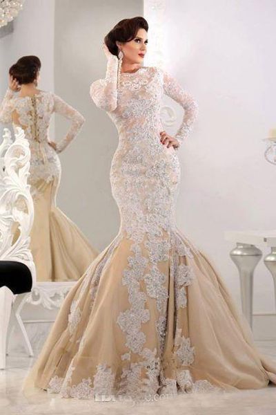 

Islamic Muslim Mermaid Wedding Dresses Jewel Neck Long Sleeves Lace Applique Champagne vestidos de novia Modest Formal Bridal Gowns