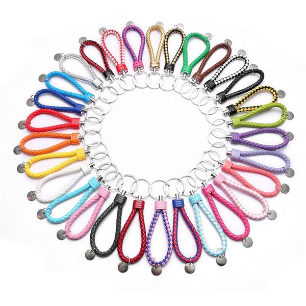 

pu leather braided woven keychain rope rings with letters tag charms fit diy circle pendant key chains holder car keyrings jewelry accessory, Silver