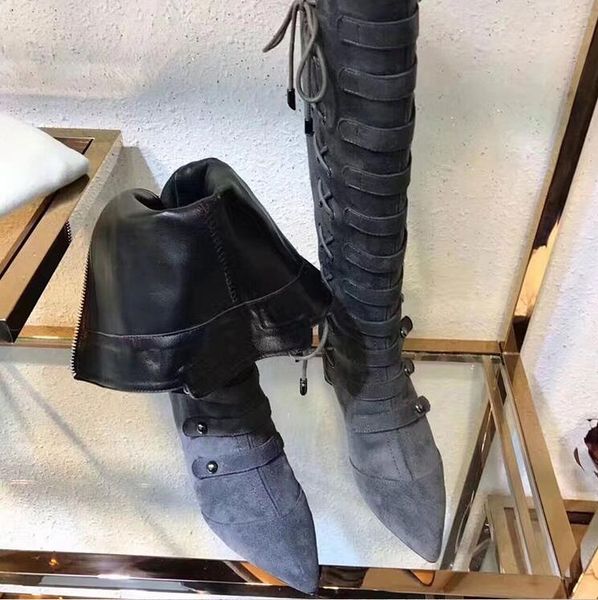 

2019 buckle rivets women summer punk boots pointed toe thigh high boot high heel gladiator boots women long boots sandals, Black