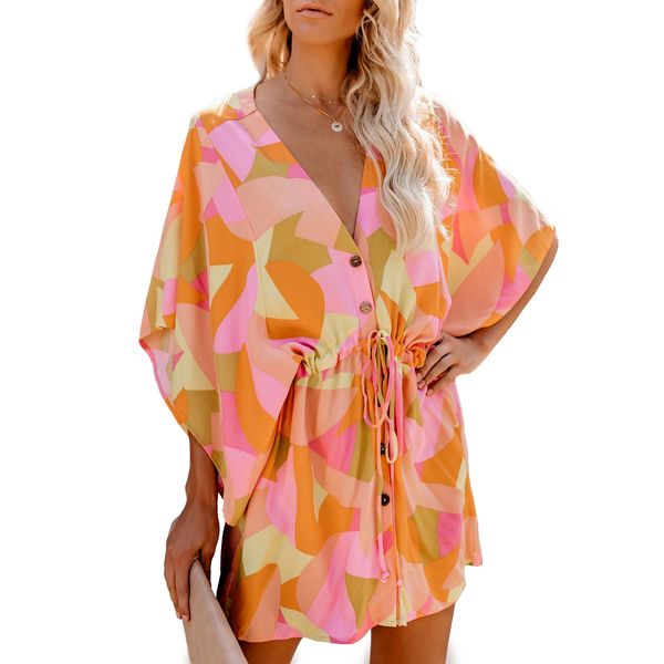 

Womens Shirt Dress Summer V Neck Beach Button Belt Mini Swing Sundress Holiday Dress