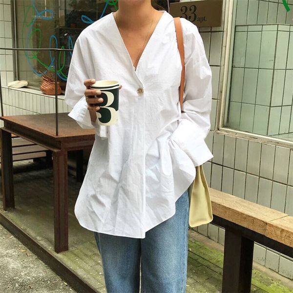 

hzirip full sleeves split chic vintage 2020 v-neck new minimalist women streetwear solid casual shirts loose shirts, White