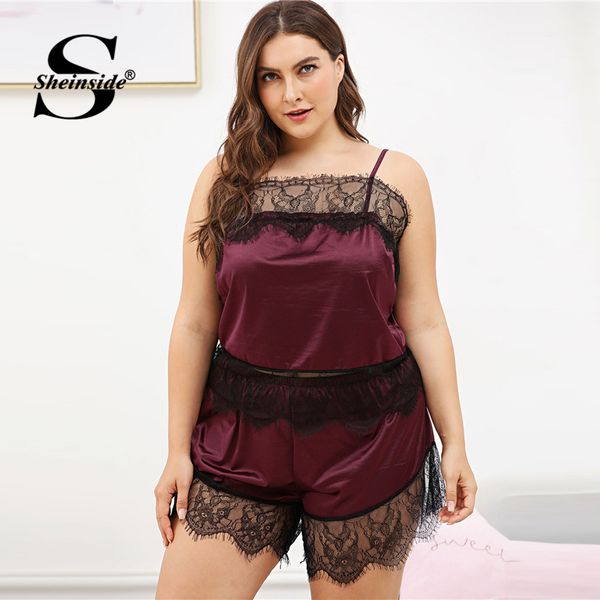 

sheinside spaghetti strap burgundy plus size nightwear elegant contrast lace backless 2018 women cami pajama set, Black;red