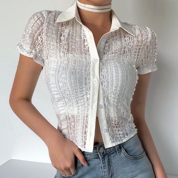 

white lace shirt blouses women 2020 chic ruched hollow out transparent blusas mujer short sleeve crop shirts fashionable