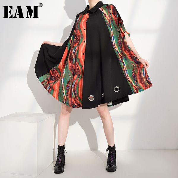 

eam] women pattern printed big size blouse new lapel half sleeve loose fit shirt fashion tide spring summer 2020 1u48301, White