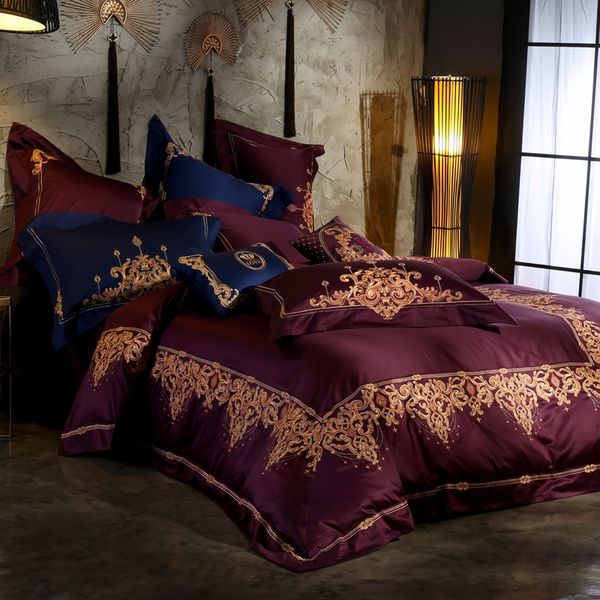 

dark red luxury royal embroidery 100s egyptian cotton european palace bedding set duvet cover bed sheet/linen pillowcases 4/6pcs