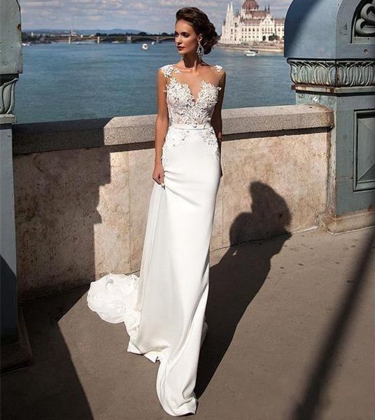 

sheer neck lace satin mermaid wedding dresses 2019 long beach bridal gowns sweep train custom made, White