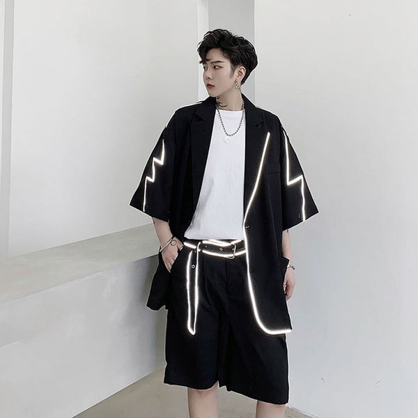 

men 2 pieces suits sets shirt shorts streetwear hip hop male reflective stripe loose casual short sleeve suit shirt shorts, White;black
