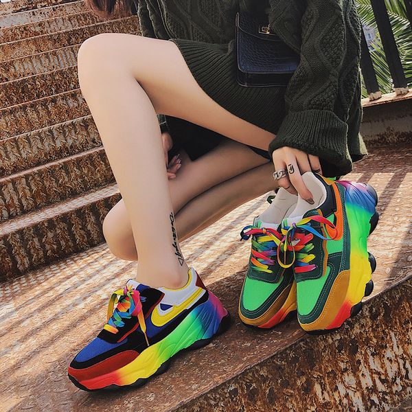 

2020 new mixed color chunky sneakers students casual shoes woman flats lace up thick bottom platform women shoes plus size 41, Black