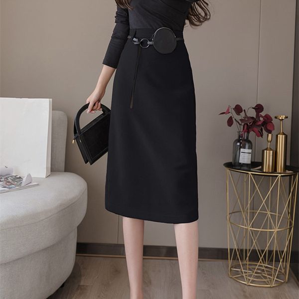 

2020 spring summer sheath wrap midi long skirts womens elegant high waist korean style bodycon pencil skirts with bag, Black