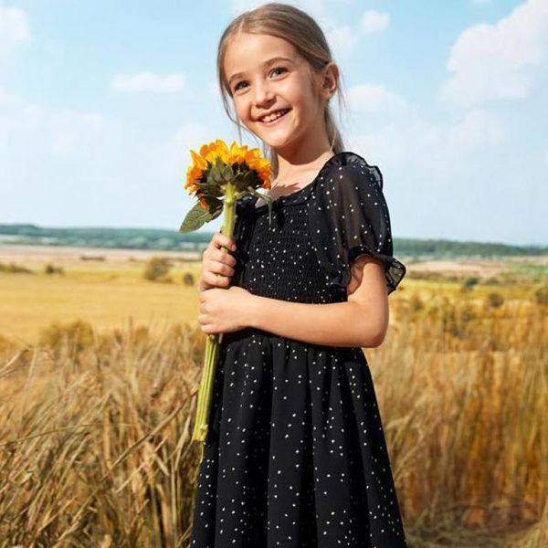 

children girls kids black short petal sleeve square neck bow lace up heart printed dress for 3-14 years kid girl summer holiday, Red;yellow