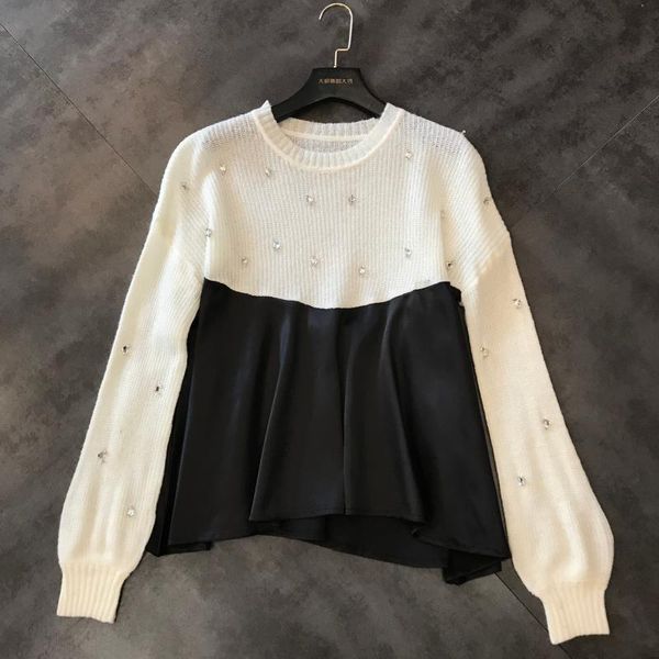 

2020 new rhinestone stitching mercerized cotton sweater women, White;black
