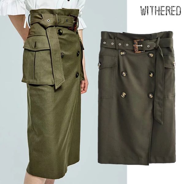

withered england vintage high waist double breasted army green sashes midi skirt women faldas mujer moda 2019 long skirts womens, Black