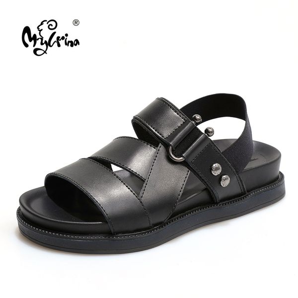 

mylrina genuine leather sandalias mujer 2020 female flat heels shoes women summer comfortable sandals slip-on flat sandals, Black