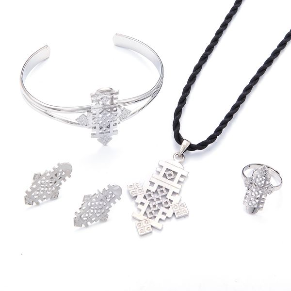 

bright silver color ethiopian cross pendant necklaces bangle and earrings for women african religious jewelry set, Black