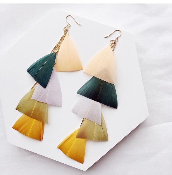 

fashion colorful feather earrings for women temperament bohemian long tassel earrings girls party wedding jewelry gift, Golden