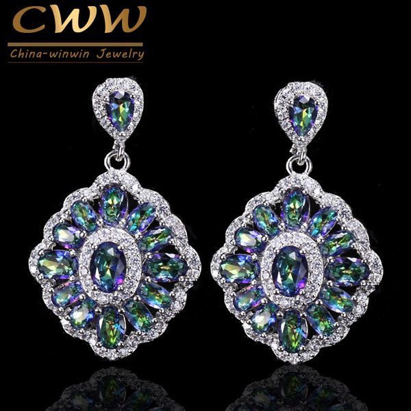 

cwwzircons brand luxurious women crystal jewelry vintage drop blue rainbow fire mystical earring with zircon stones cz053, Silver