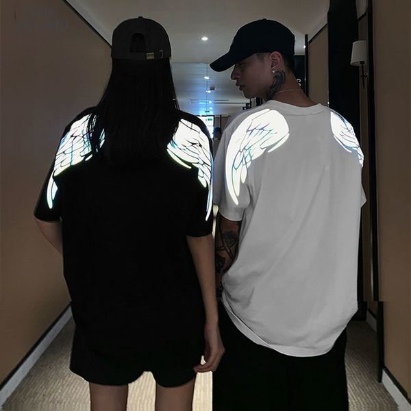 

t shirt men women reflective wing print harajuku t shirt ins style oversize short sleeves couple clothes, White