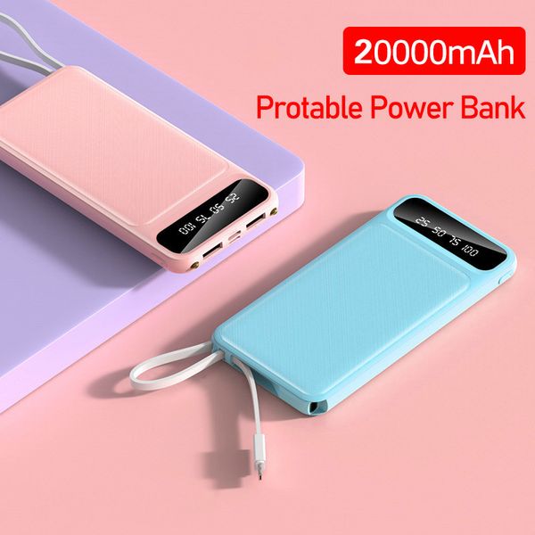 

power bank 20000mah portable charging powerbank built-in line usb poverbank external battery charger for xiaomi mi 9 8 iphone