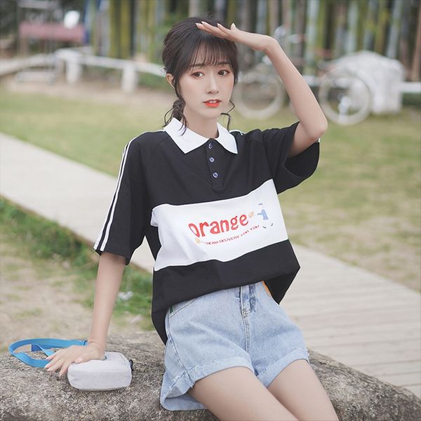 

polo women's short sleeve loose half jacket cotton t-shirt sleeve cotton t-shirt women's 2020 student lapel top, White