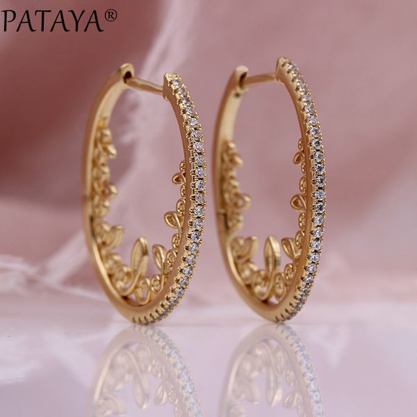 

pataya new hollow lace circle drop earrings women party fine fashion jewelry 585 rose gold white natural zircon wedding earrings, Silver