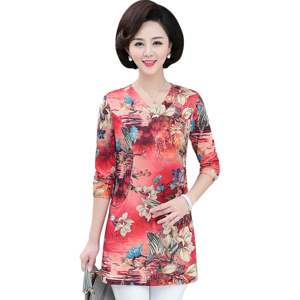 

2019 spring new mother flowers printed long sleeves tshirt large size middle age women casual bottom shirt fall tee pullover, White