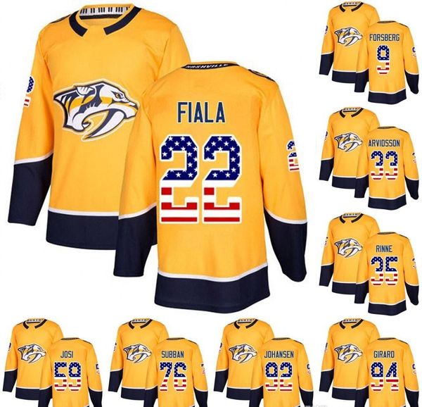 

nashville predators usa flag jersey 22 kevin fiala 36 zac rinaldo 8 kyle turris 38 ryan hartman 52 matt irwin hockey jerseys, Black;red
