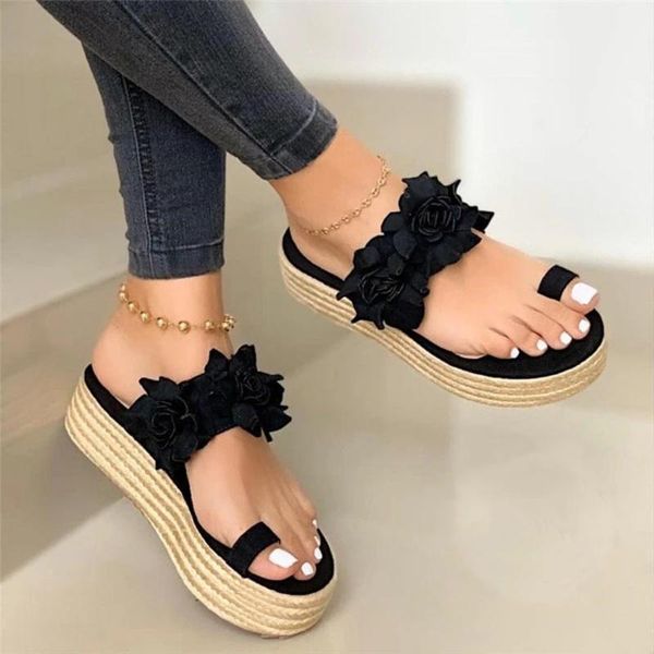 

woman slippers lady platform flower slippers casual beach flip flops sandals 2020 women sandals summer high heel, Black