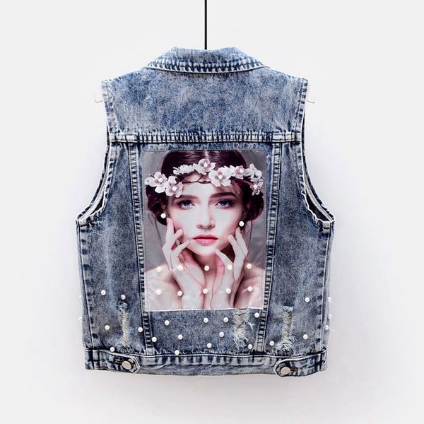 

women's vests spring summer fashion beading applique short denim vest women waistcoat patch print sleeveless jacket frayed jeans female, Black;white