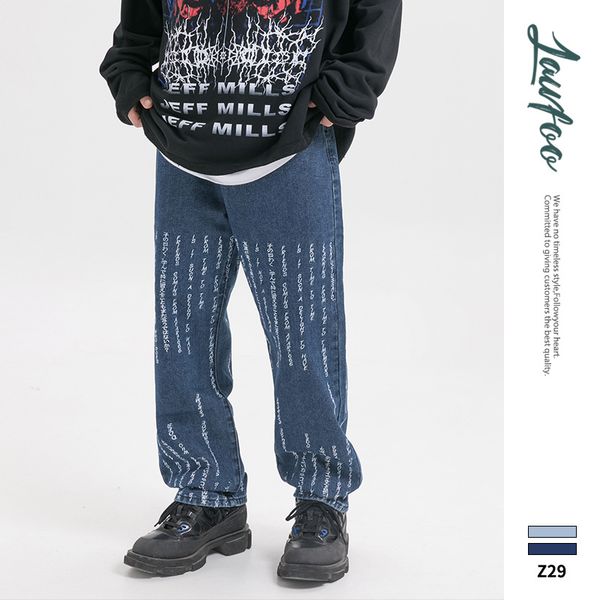 

lawfoo men's wear origional national trends new products 2019 autumn and winter embroidered letters high street loose-fit couple, Blue