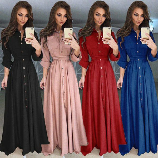 

women's long sleeve button v neck dress casual loose summer long maxi dress fashion slim plus size, Black;gray