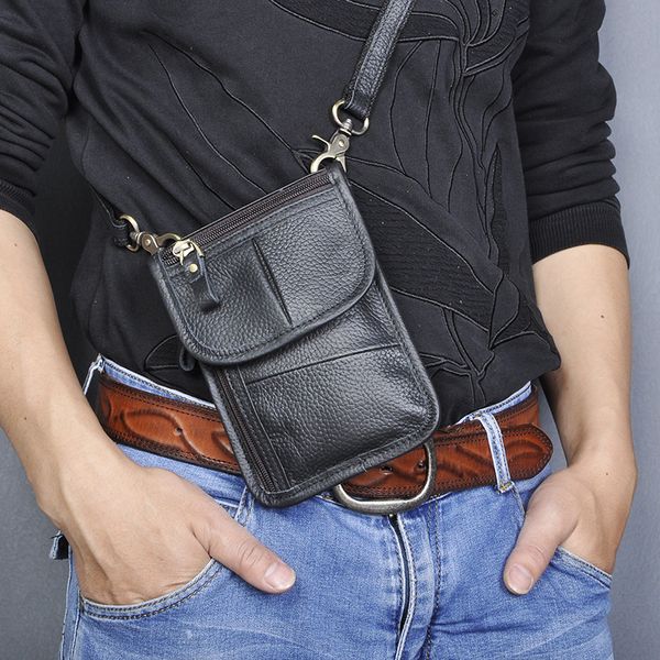 

original leather men casual multifunction small messenger crossbody bag fanny waist belt bag pack cigarette 6" phone case 8301-b