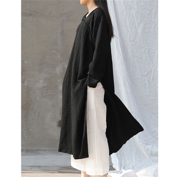 

casual dresses scuwlinen 2021 spring autumn women dress solid long-sleeve handmade plate buttons side split long cotton w31, Black;gray