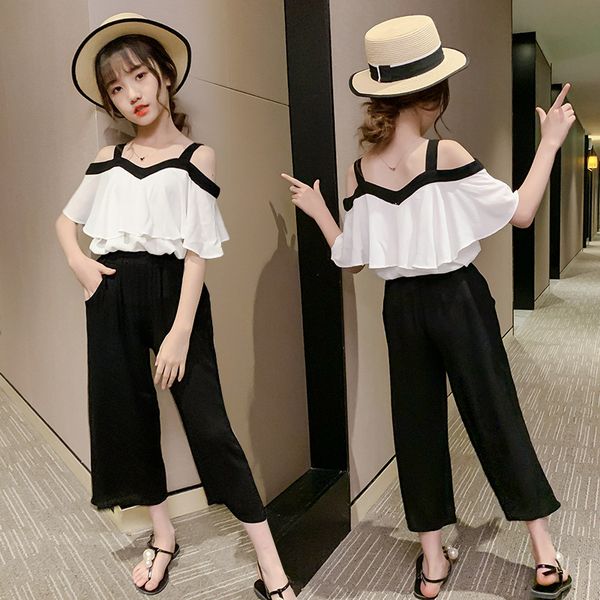

clothing sets chiffon clothes outfits girls 2 pcs solid off shoulder blouses shirt + pants suit summer for teenage set, White