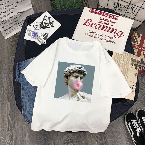 

дизайнер tops летней блузки летней vaporwave david японский мультфильм новых моды письмо девушки короткий рукав большой s 2xl сыпучий верхня, White