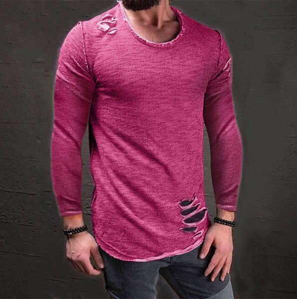 2019 moda outono buraco roupas dos homens longa T-shirt buraco cor sólida magro em torno do pescoço de manga curta muscular camisa ocasional longo T H-1801