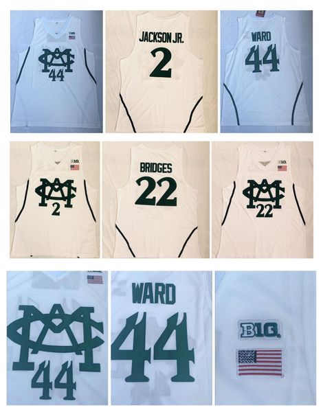 Michigan State Spartans University Jersey 2 Jaren Jackson Jr. 22 Miles Bridges 44 Nick Ward Colégio Basquete Jerseys White Top Quality!