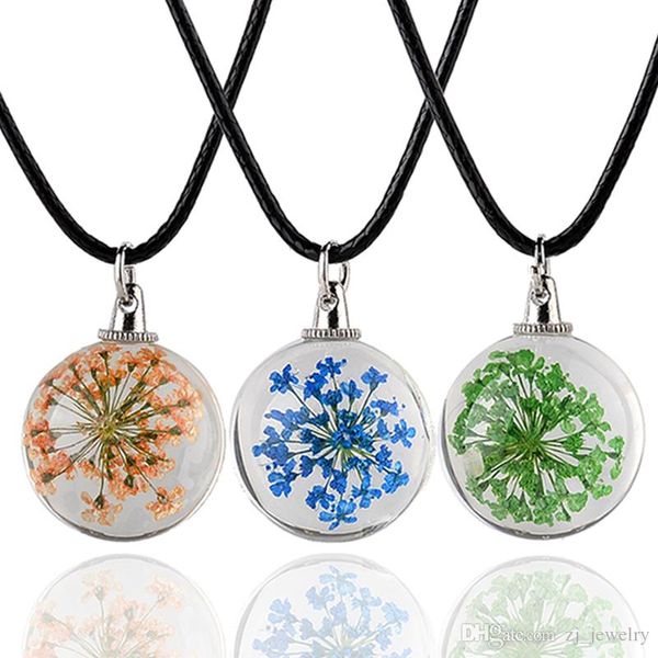 

14 color glass ball real dried flower wish bottle pendant necklace glass dome wish necklace leather chain jewelry women gift 5, Silver