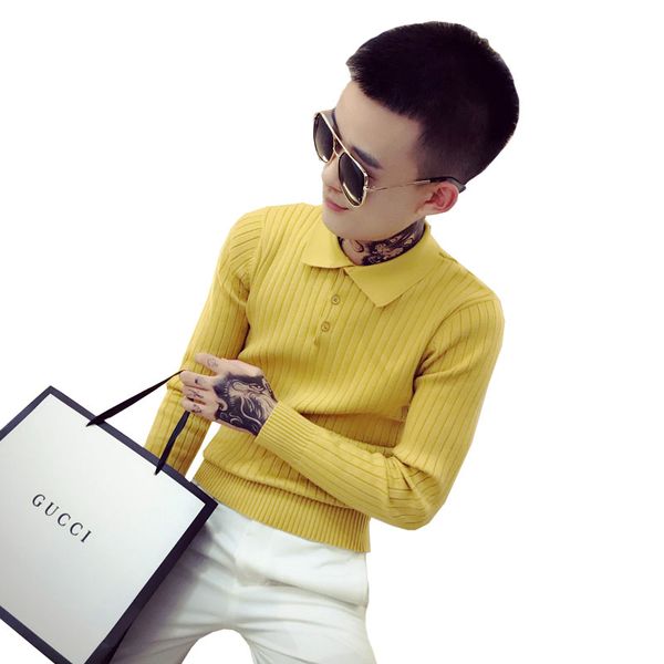 

2019 осенью и зимой свитер мужской социальный дух парень стройной сети свитер красный сплошной цвет рубашки лацкан, White;black