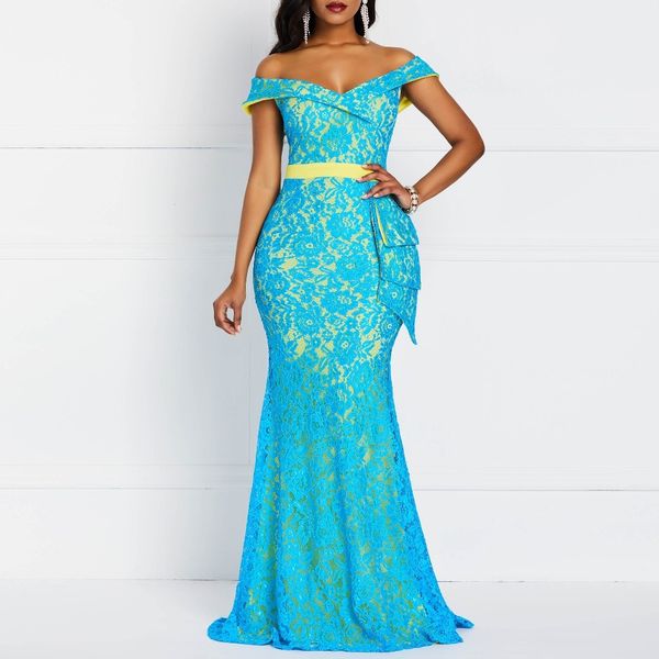 

women maxi dresses elegant blue plus size mermaid high waist off shoulder ruffles female fashion retro lace party long dress, Black;gray