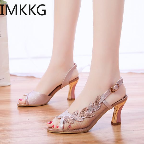 

2020 fashion women sandals block heeled mesh crystal lady white pumps slingback peep toe summer shoes woman high heels, Black