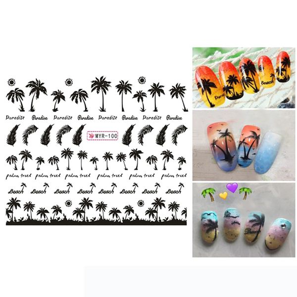 

summer vacation palm tree nail sticker manicure palm ocean wind tropical surf beach coconut tree style nail sticker3, Black