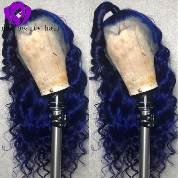 Neuer Party-Stil, blaue Haarfarbe, brasilianische volle Spitze-Front-Perücke. Lange, tiefe Wellen-Synthetik-Perücken für Frauen können geflochten werden