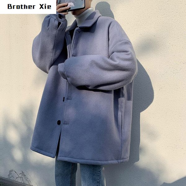 

winter woolen coat men's fashion solid color casual lapel woolen jacket man wild loose british style coat mens overcoat, Black;brown