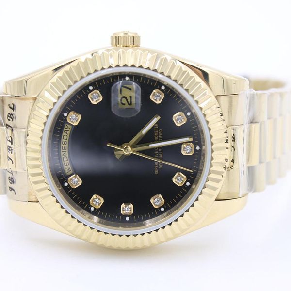 

luxury mens watch day date black diamond face yellow gold big date automatic mechanical 1646 watch men sapphire glass stainless steel, Slivery;brown