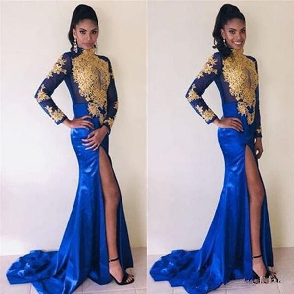 

2019 вечерние платья русалки африканских королевских синих арабские вечерние платья длинный рукав с золотыми аппликациями сексуальные платья, Black