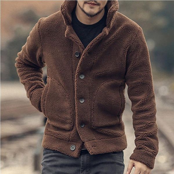 

mens winter coat fleece jackets coats streetwear long sleeve solid lapel outerwear button up fluffy fashion winter plush overcoats, Black;brown