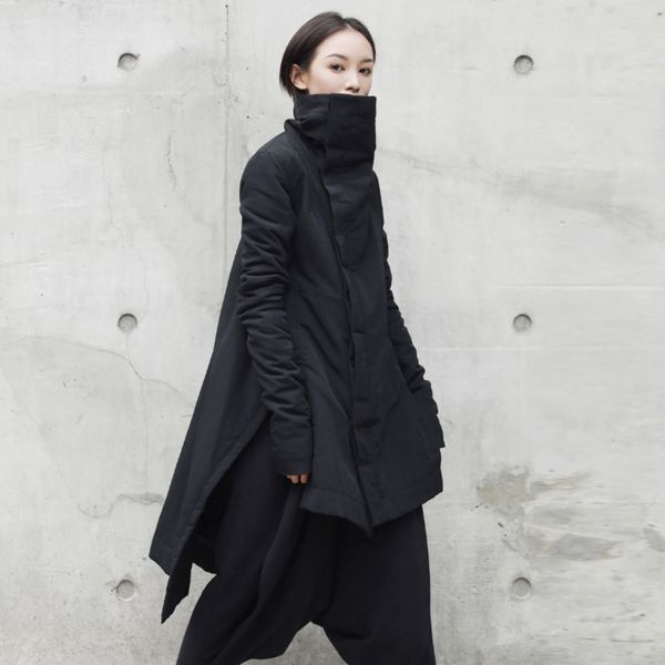 

2018 new fashion winter stand lead irregular long type cotton-padded clothes loose coat solid black jacket woman fashion e038