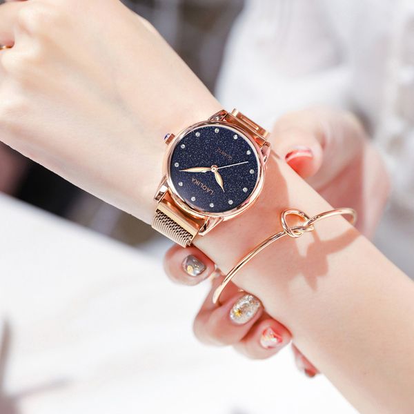 

magnet clock watch women bracelet watches 2019 new quartz stainless steel band buckle starry sky wrist watch, Slivery;brown